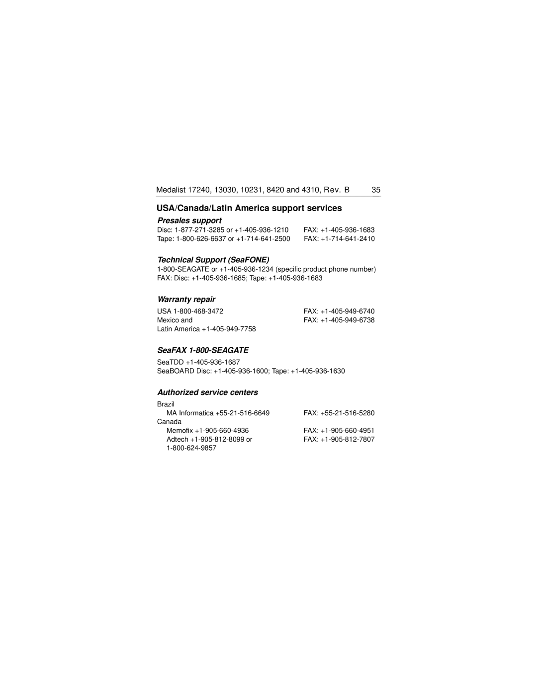 Seagate ST34310A, ST38420A, ST313030A, ST310231A, ST317240A manual SeaFAX 1-800-SEAGATE 