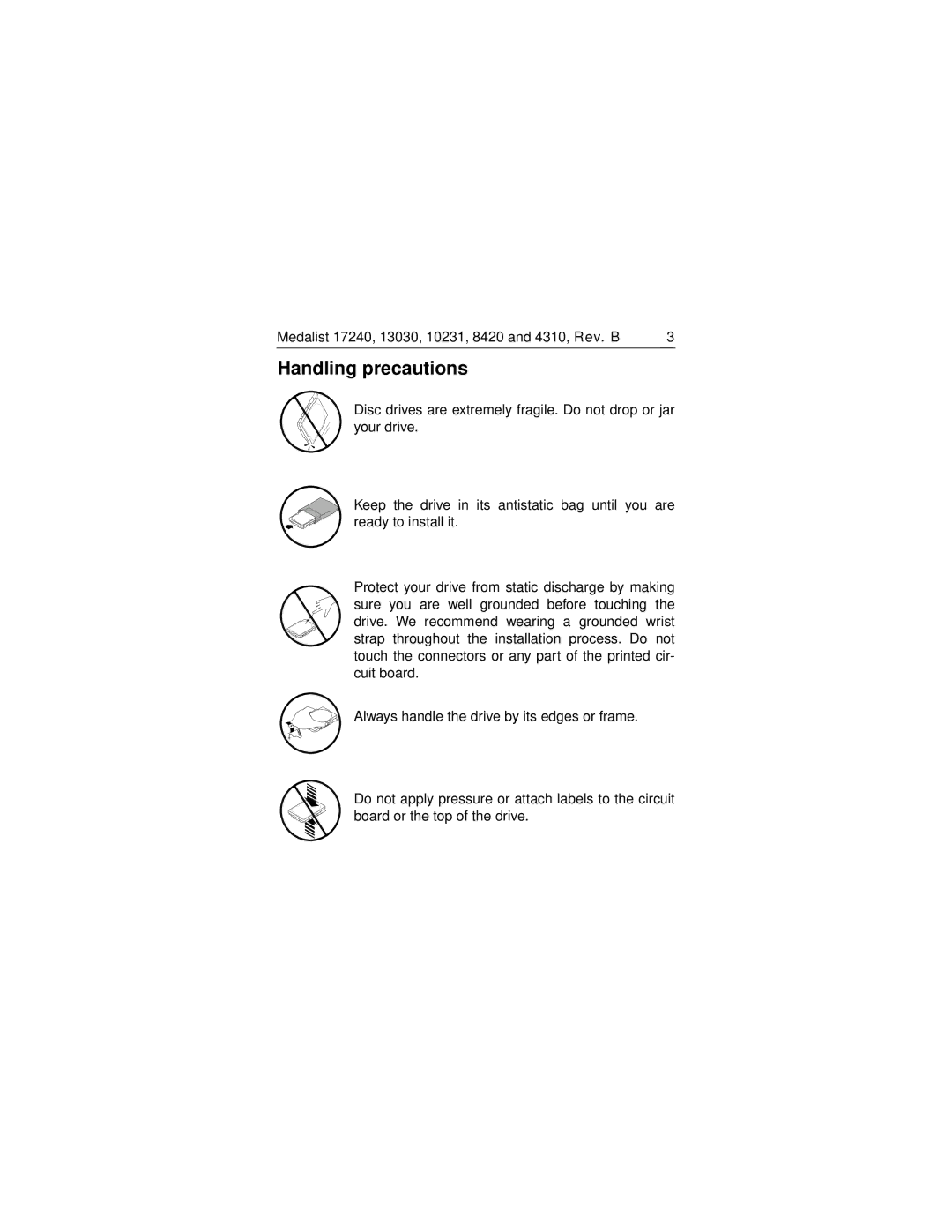 Seagate ST310231A, ST38420A, ST313030A, ST317240A, ST34310A manual Handling precautions 