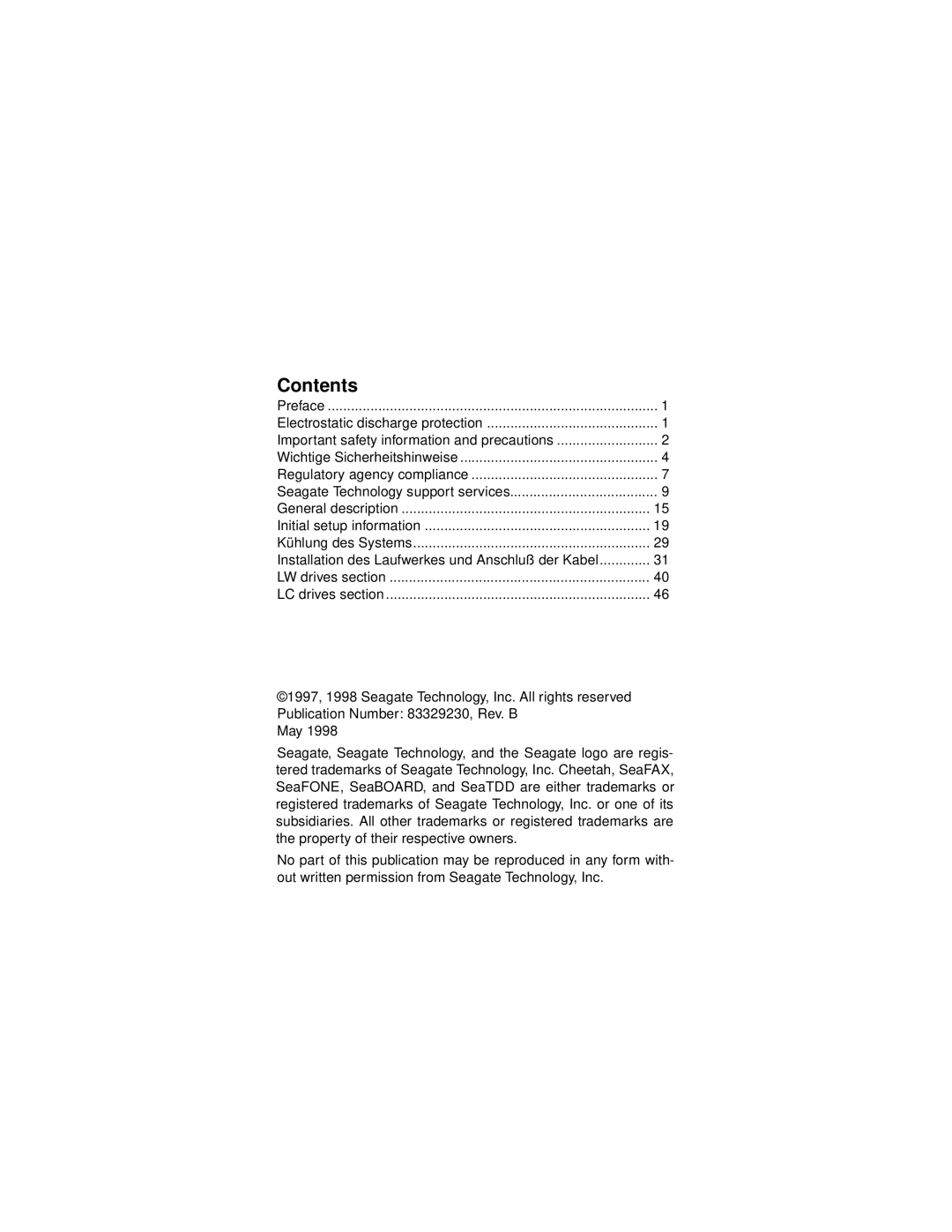 Seagate ST39102LW/LC, ST34502LW/LC manual Contents 