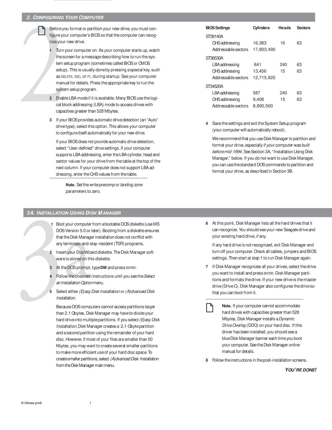 Seagate ST39140A, ST36530A, ST34520A manual Configuring Your Computer, Bios Settings Cylinders Heads 
