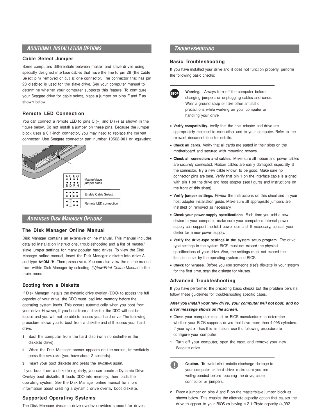 Seagate ST34520A, ST39140A Cable Select Jumper, Remote LED Connection, Disk Manager Online Manual, Booting from a Diskette 