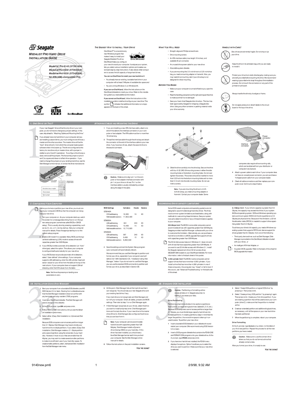 Seagate ST39140A, ST36530A, ST34520A manual Medalist PRO Hard Drive Installation Guide 