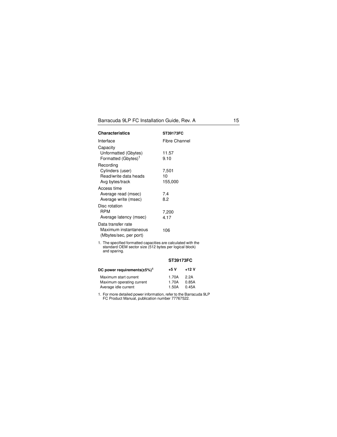 Seagate ST39173FC manual Characteristics 