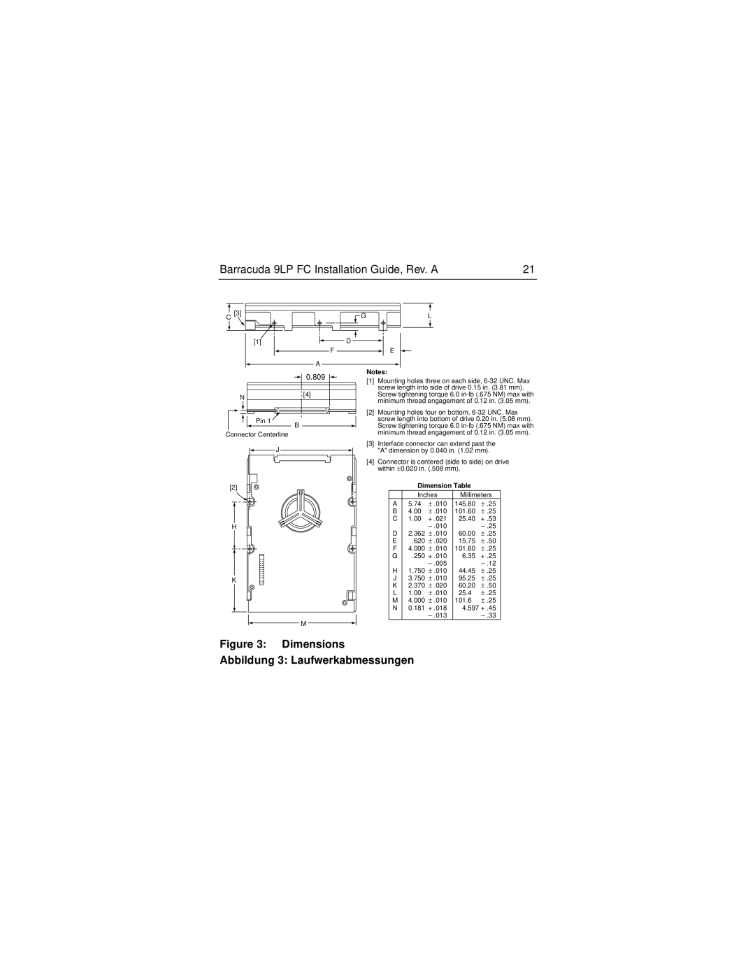 Seagate ST39173FC manual Dimensions Abbildung 3 Laufwerkabmessungen 