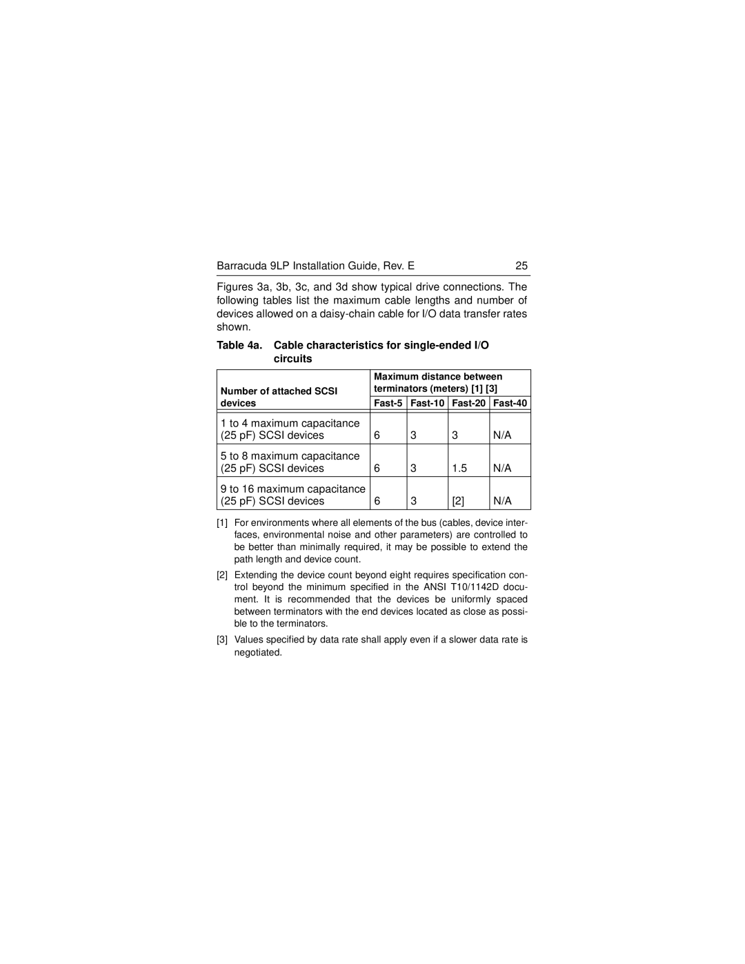 Seagate ST34573N/W/WD/LW/WC/LC, ST39173N/W/WD/LW/WC/LC manual Cable characteristics for single-ended I/O circuits 