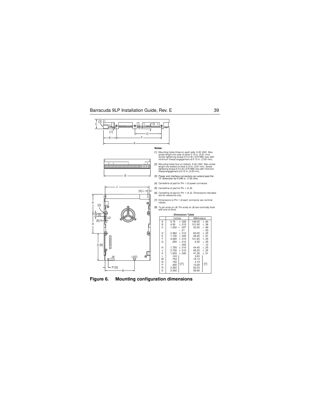 Seagate ST34573N/W/WD/LW/WC/LC, ST39173N/W/WD/LW/WC/LC manual Mounting configuration dimensions 