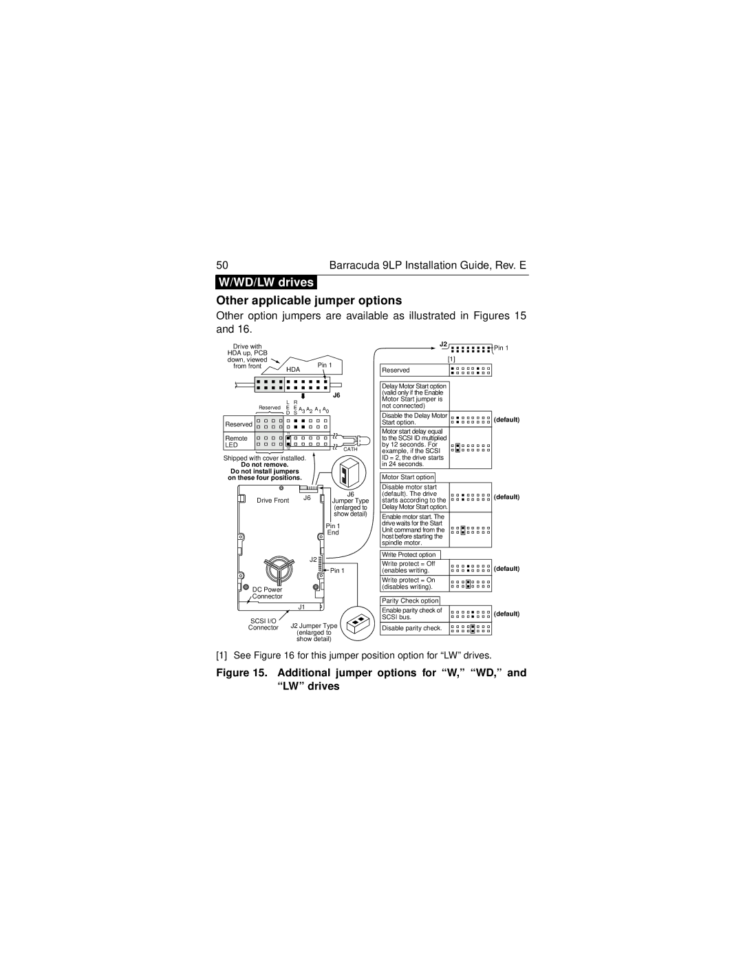 Seagate ST39173N/W/WD/LW/WC/LC, ST34573N/W/WD/LW/WC/LC manual Additional jumper options for W, WD, and LW drives 