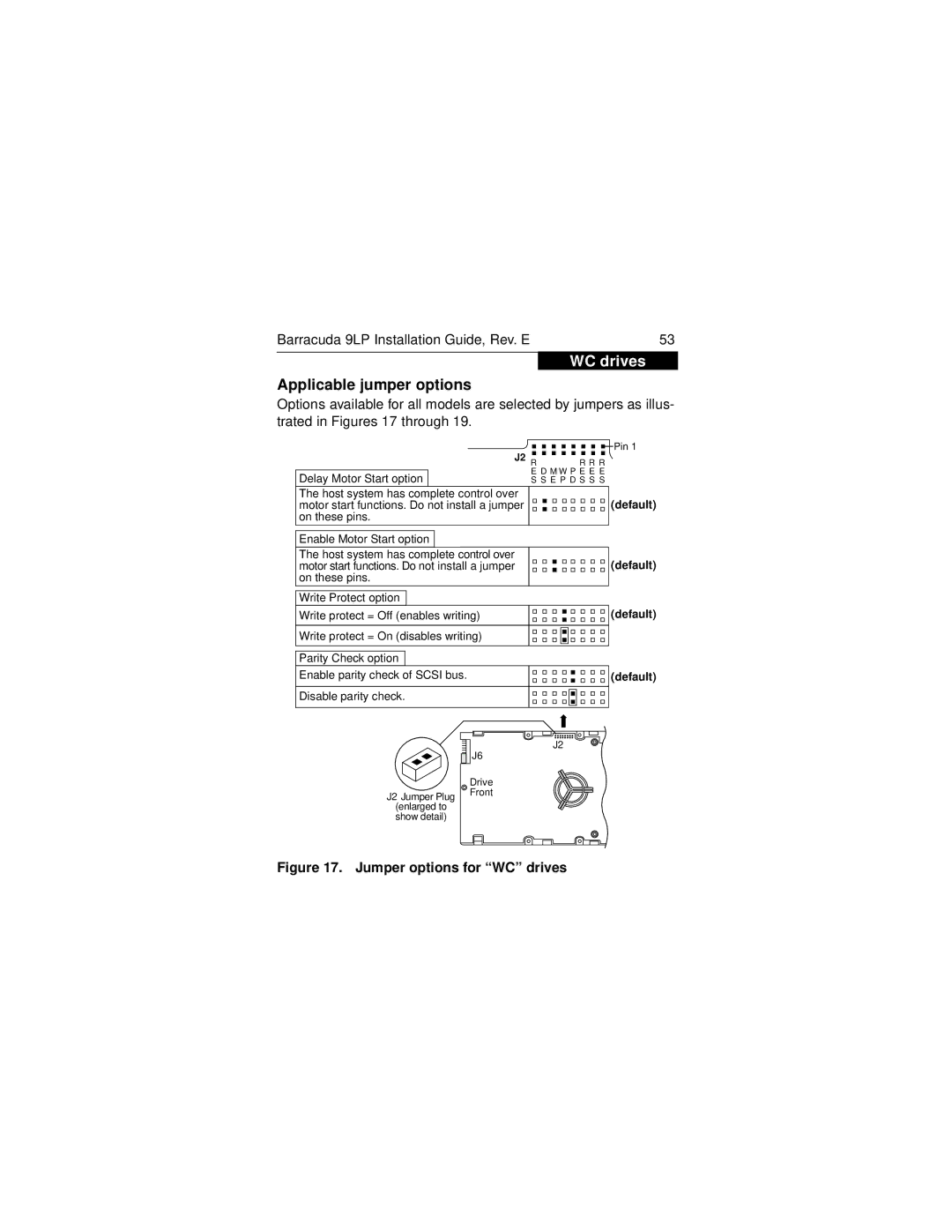 Seagate ST34573N/W/WD/LW/WC/LC, ST39173N/W/WD/LW/WC/LC manual WC drives, Applicable jumper options 