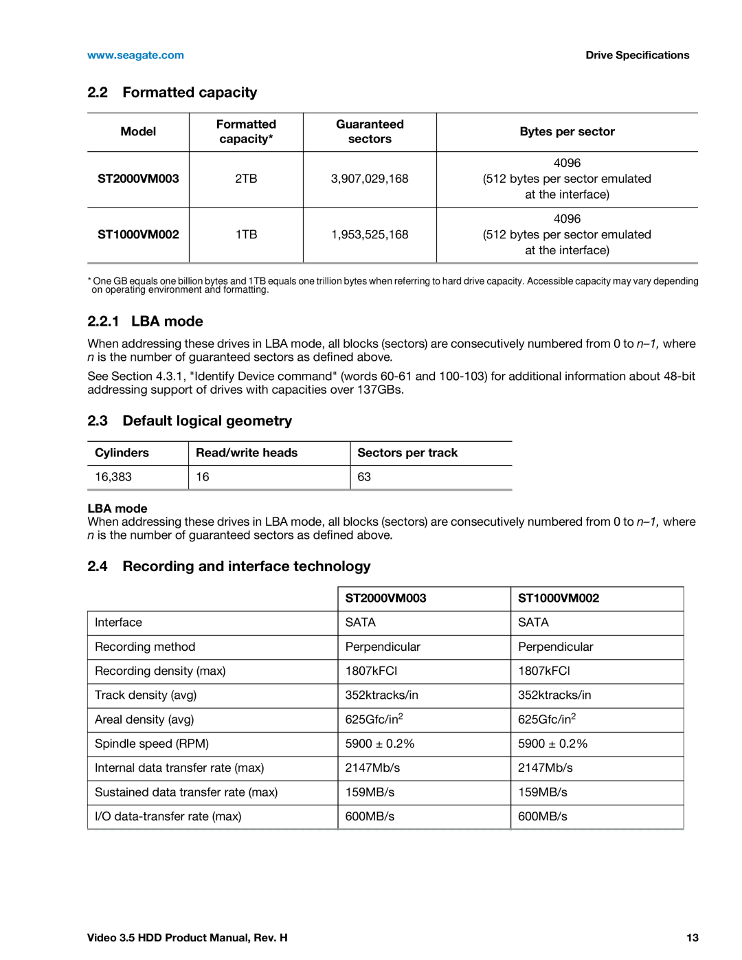 Seagate ST4000VM000 manual Formatted capacity, LBA mode, Default logical geometry, Recording and interface technology 