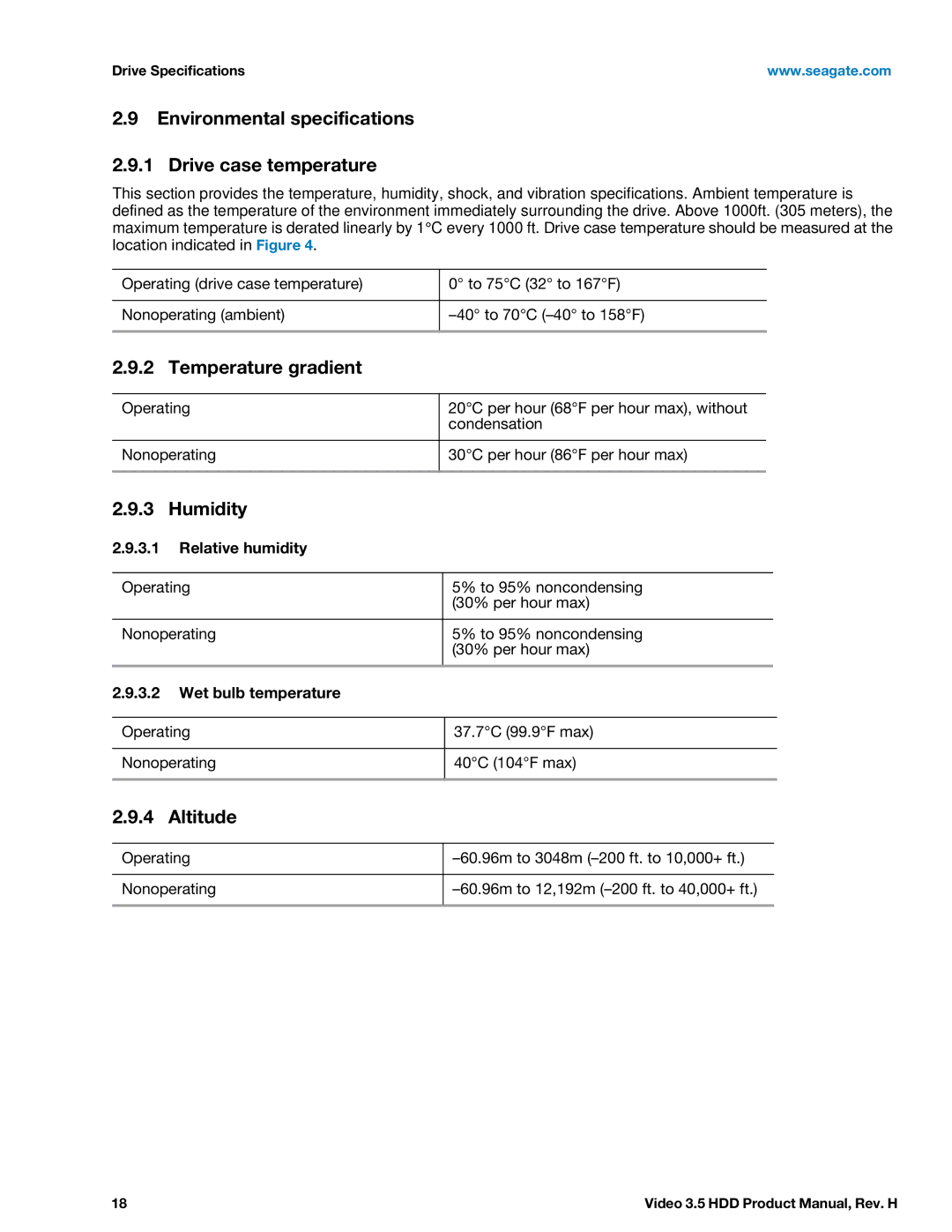 Seagate ST4000VM000 manual Environmental specifications Drive case temperature, Temperature gradient, Humidity, Altitude 