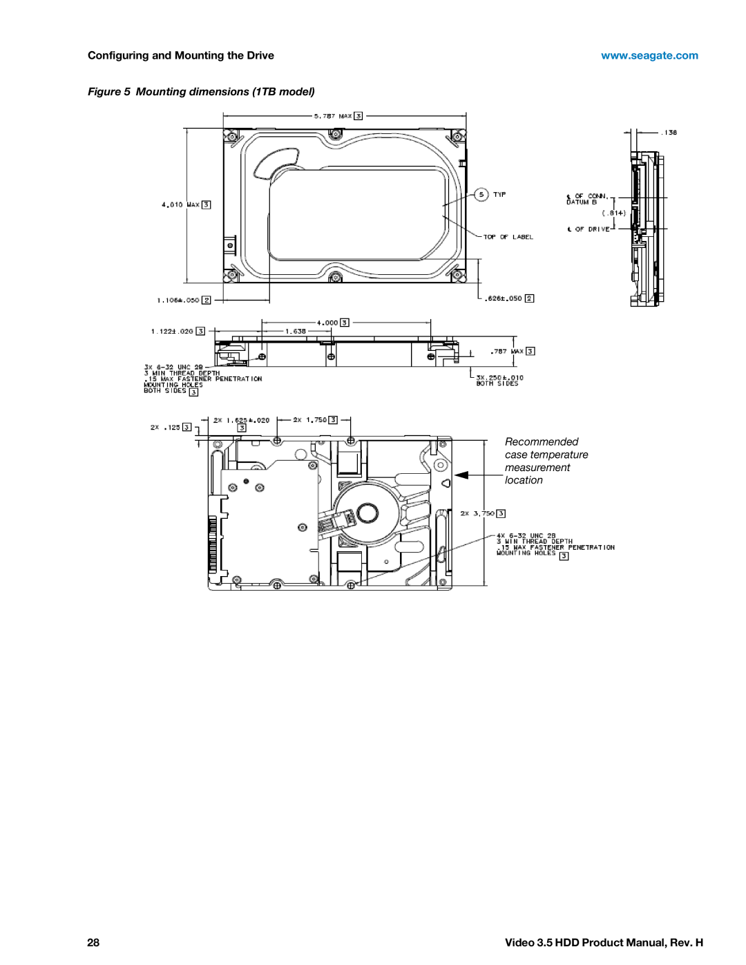 Seagate ST4000VM000 manual Mounting dimensions 1TB model 