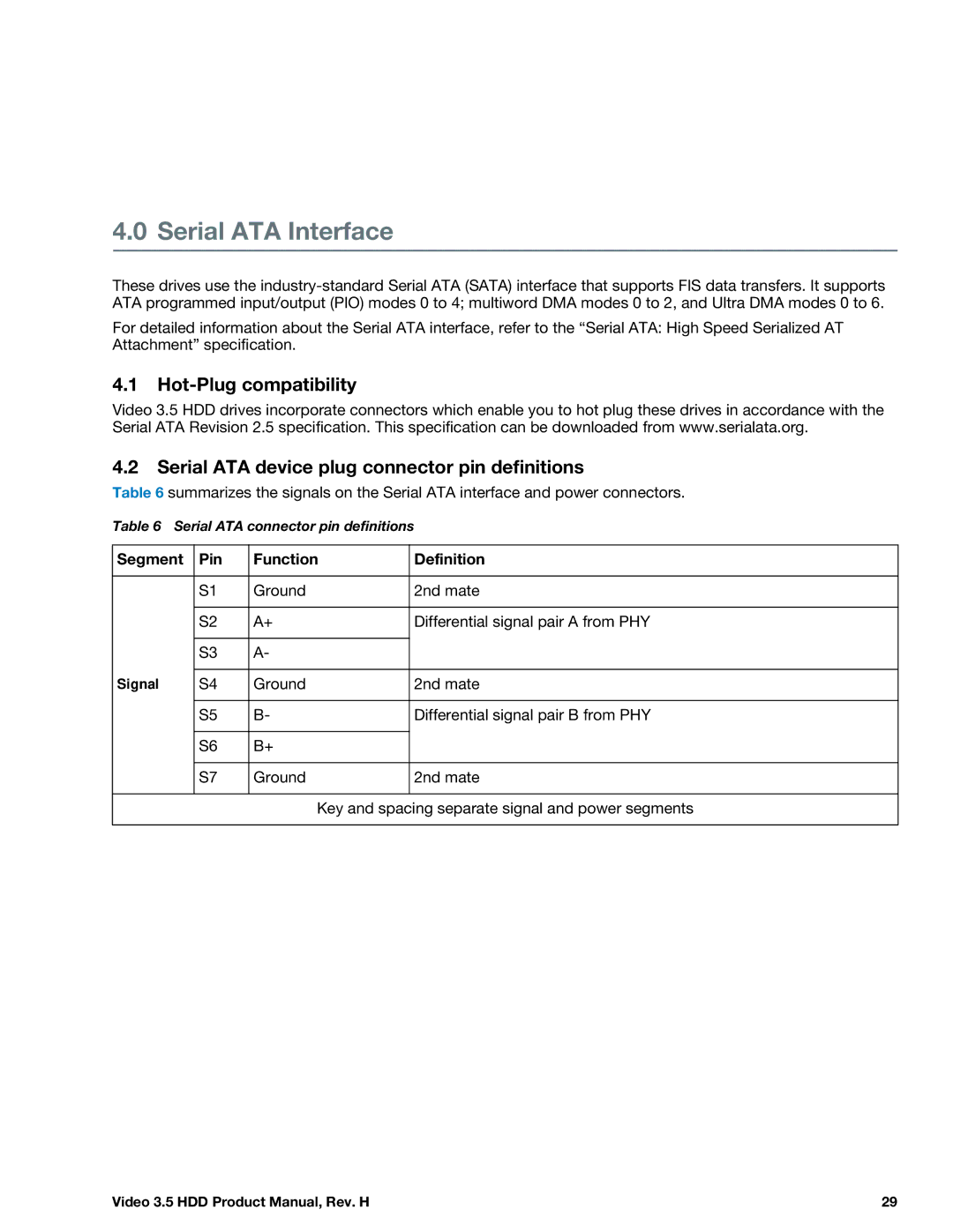 Seagate ST4000VM000 manual Serial ATA Interface, Segment Pin Function Definition 