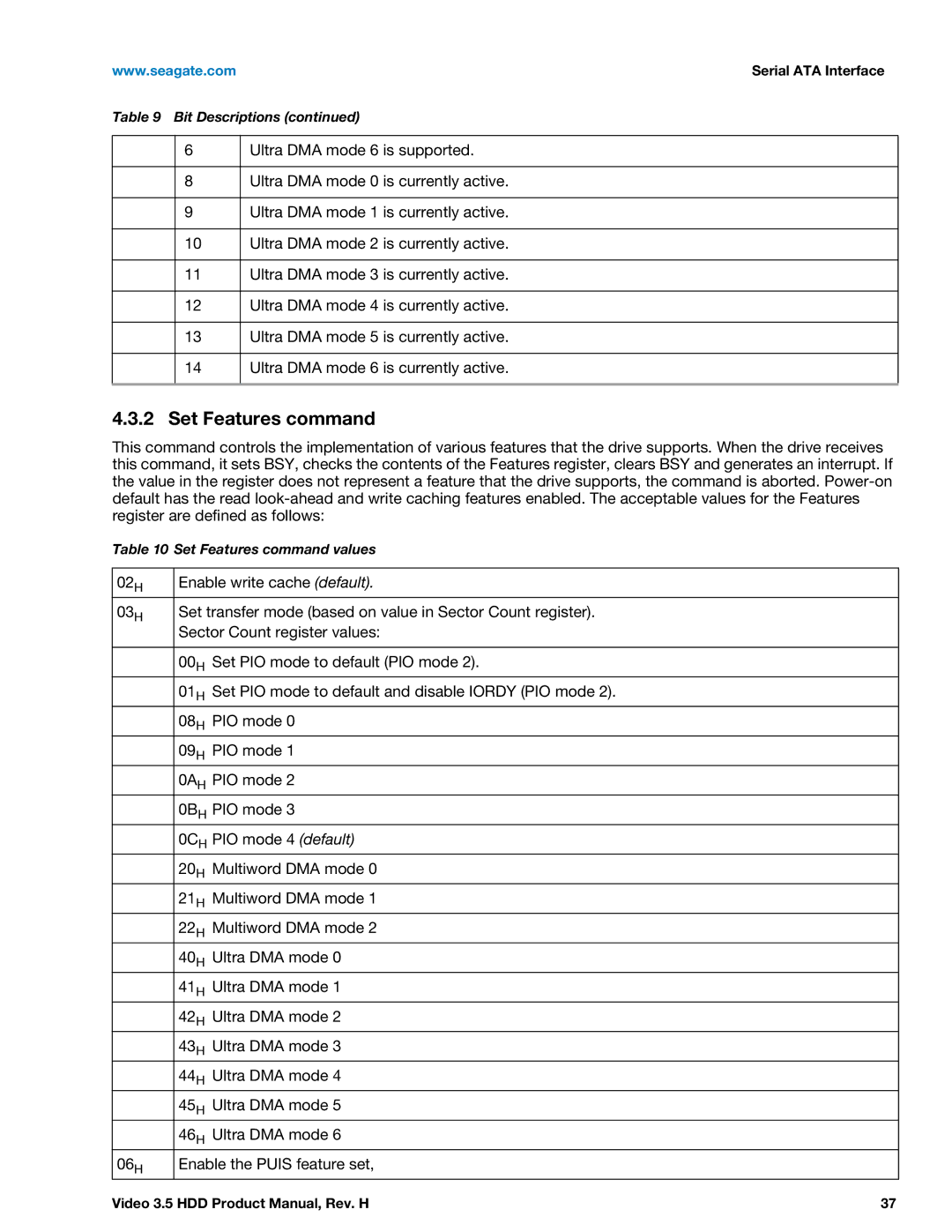 Seagate ST4000VM000 manual Set Features command, Ultra DMA mode 6 is supported 