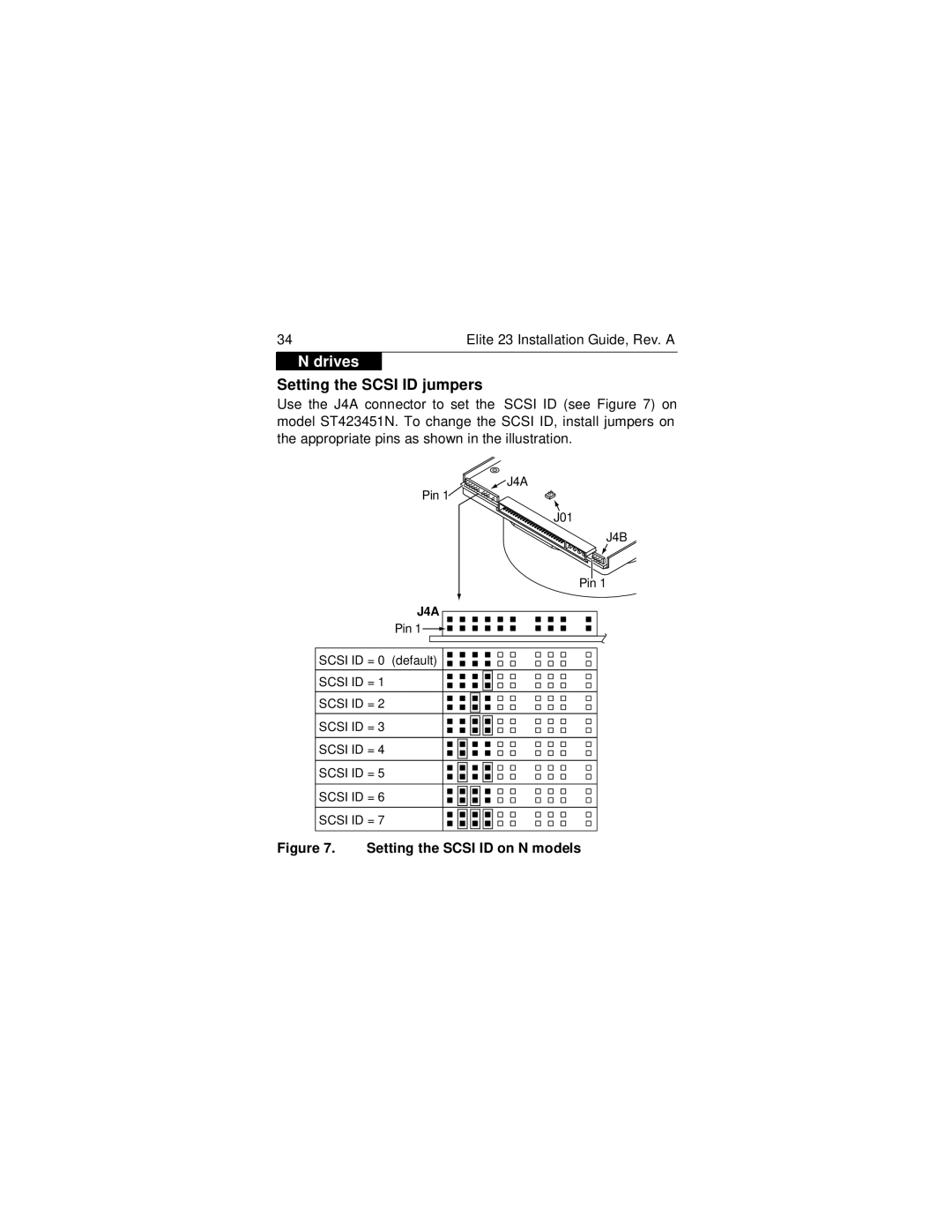 Seagate ST423451N/W/WD manual Setting the Scsi ID jumpers, Setting the Scsi ID on N models 