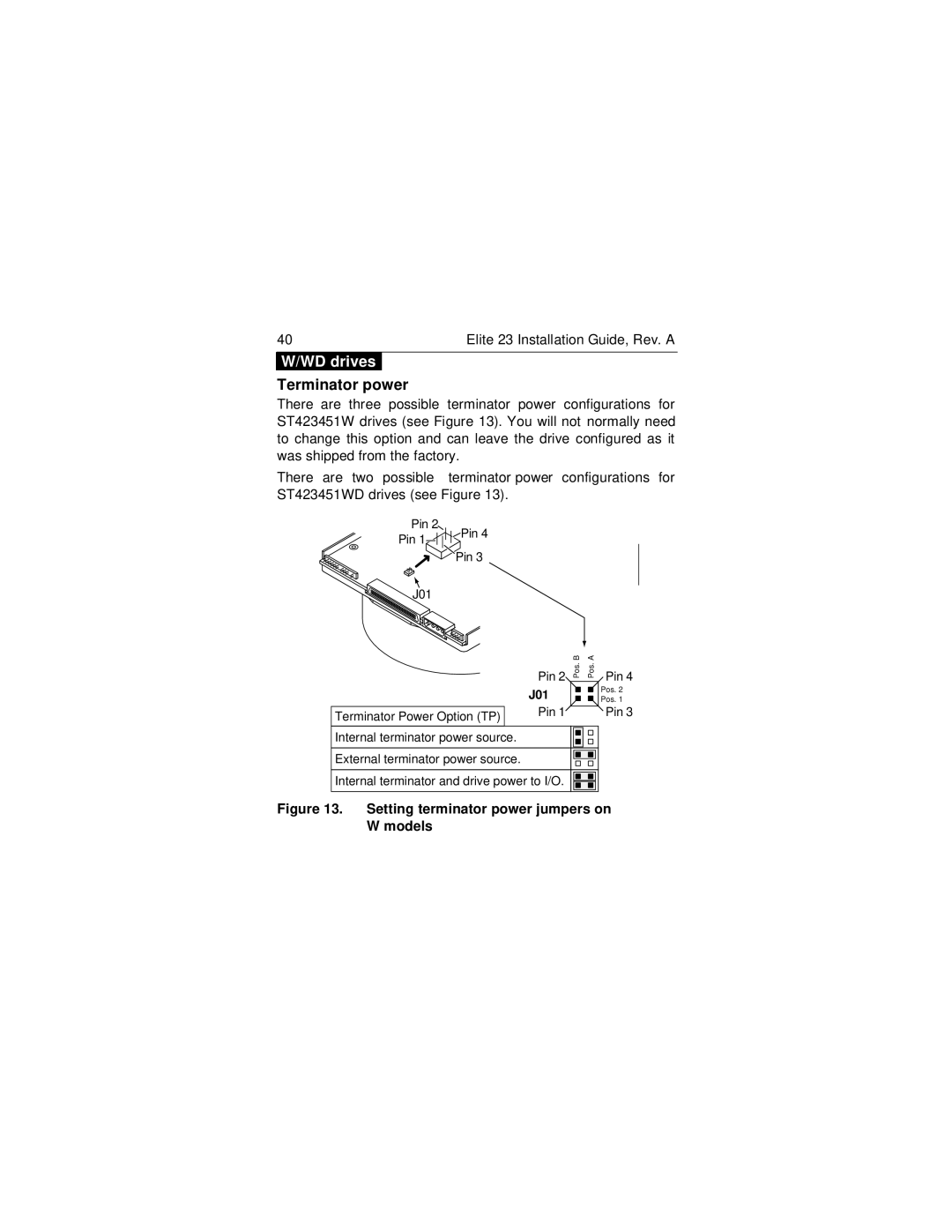 Seagate ST423451N/W/WD manual Setting terminator power jumpers on W models 