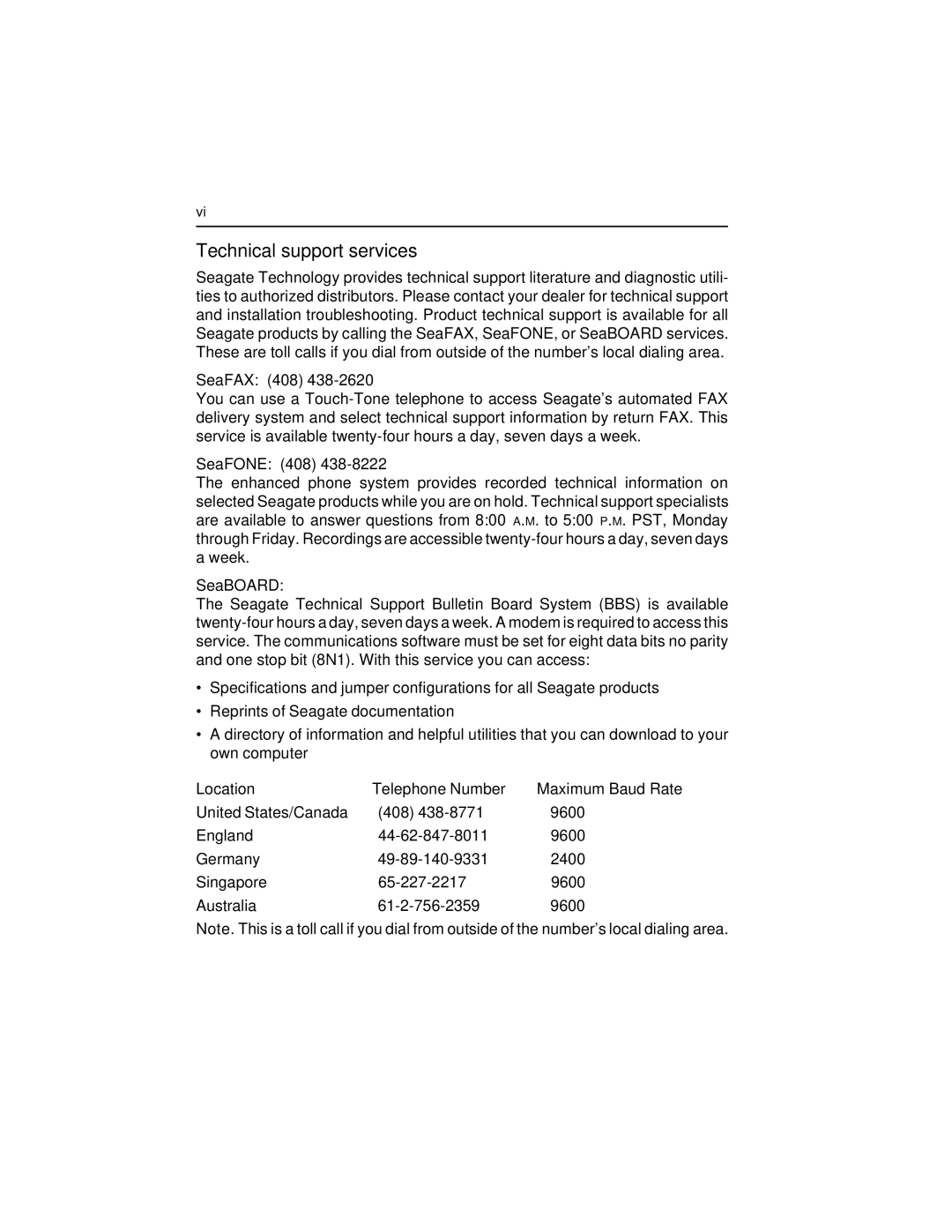 Seagate ST43400N/ND user manual Technical support services, SeaFAX 408, SeaFONE 408, SeaBOARD, Location Telephone Number 