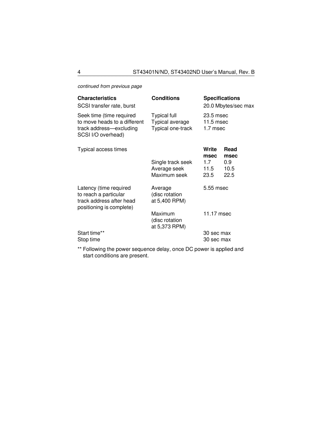 Seagate ST43402ND, ST43401N/ND user manual Characteristics Conditions Specifications, Write Read Msec 