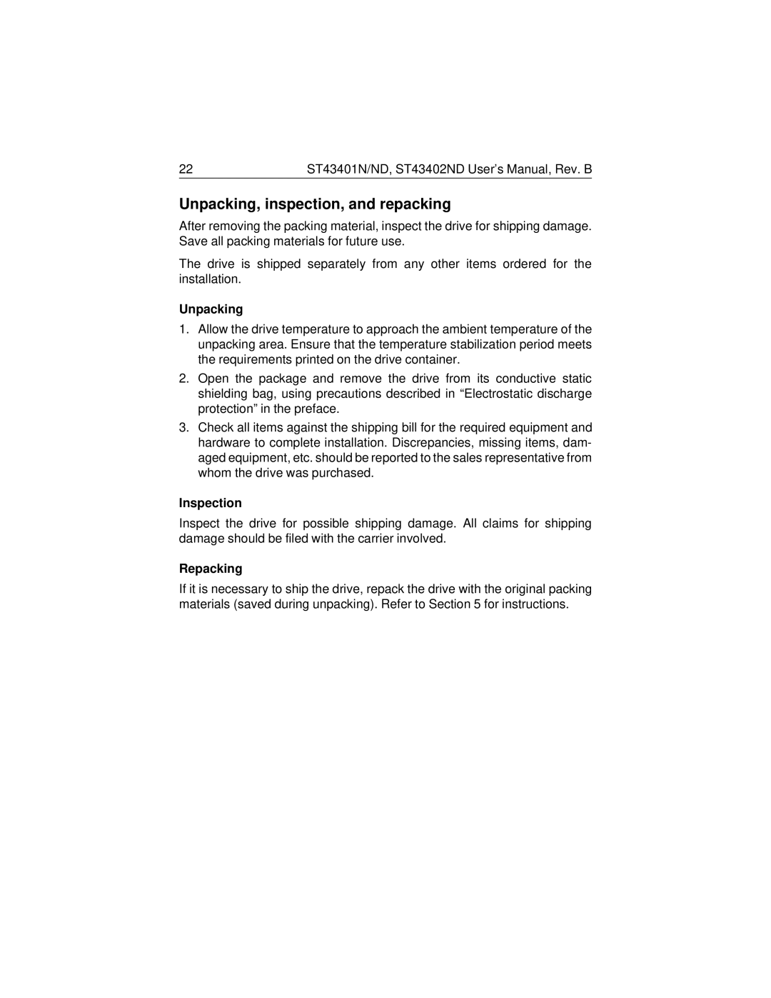 Seagate ST43402ND, ST43401N/ND user manual Unpacking, inspection, and repacking, Inspection, Repacking 