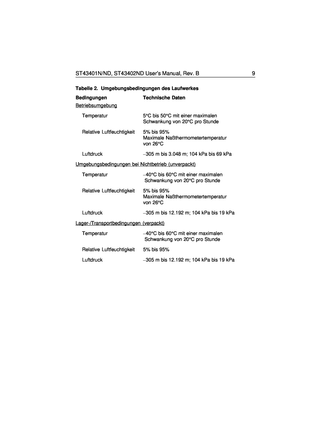 Seagate ST43401N/ND, ST43402ND User’s Manual, Rev. B, Tabelle 2. Umgebungsbedingungen des Laufwerkes, Bedingungen 