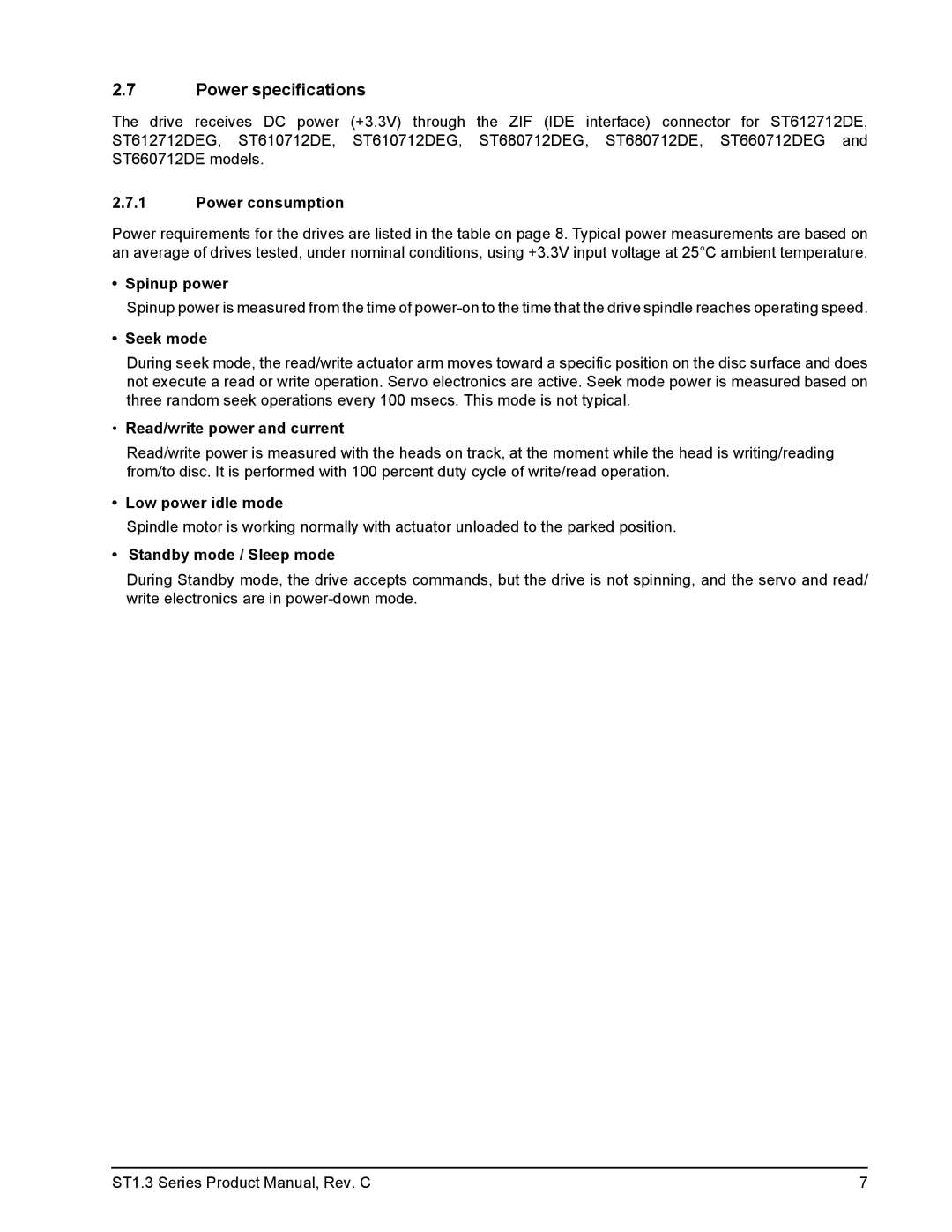 Seagate ST680712DEG, ST612712DEG, ST610712DEG, ST660712DEG manual Power specifications 