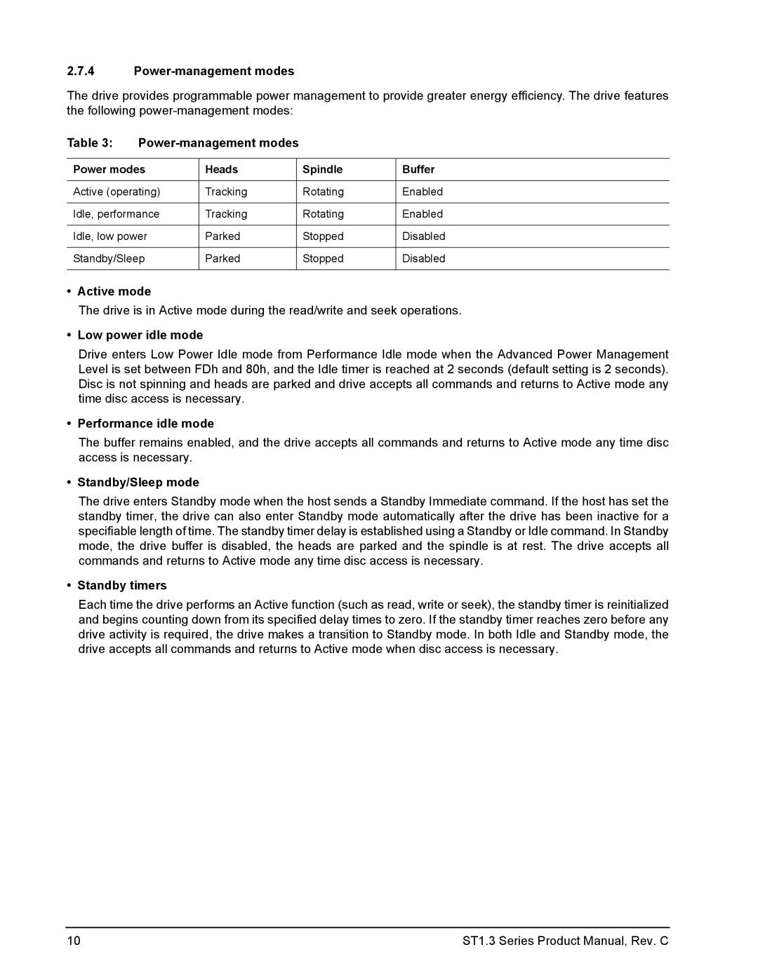 Seagate ST680712DE manual Power-management modes, Active mode, Performance idle mode, Standby/Sleep mode, Standby timers 