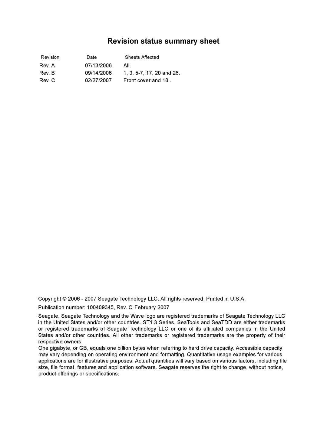 Seagate ST612712DEG, ST680712DEG, ST610712DEG, ST660712DEG manual Revision status summary sheet 