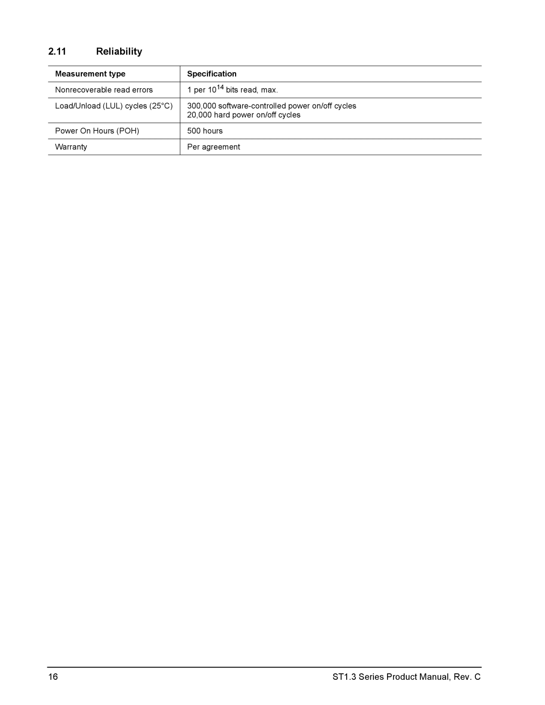 Seagate ST610712DEG, ST612712DEG, ST680712DEG, ST660712DEG manual Reliability, Measurement type Specification 