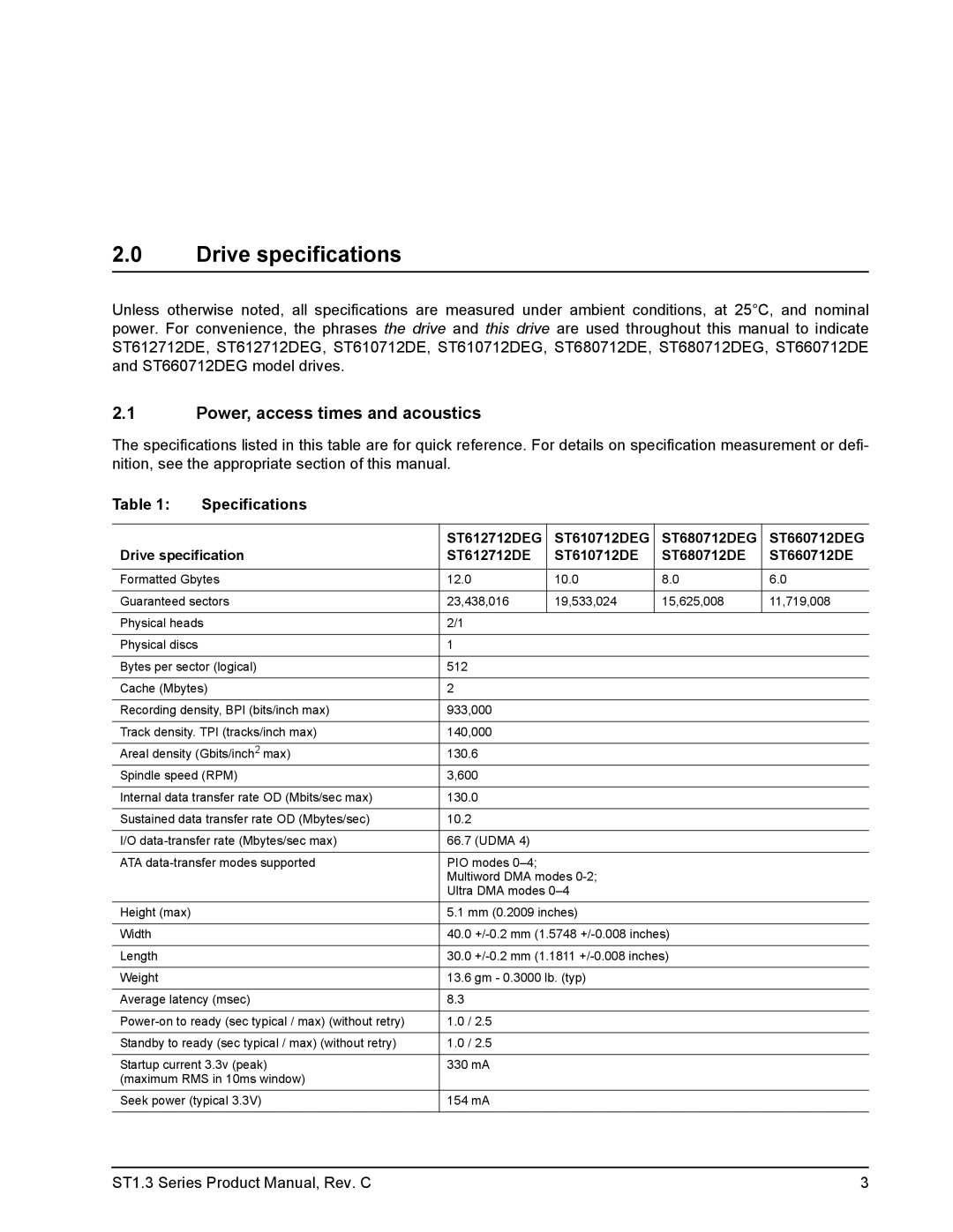 Seagate ST660712DE, ST680712DE, ST610712DE manual Drive specifications, Power, access times and acoustics, Specifications 