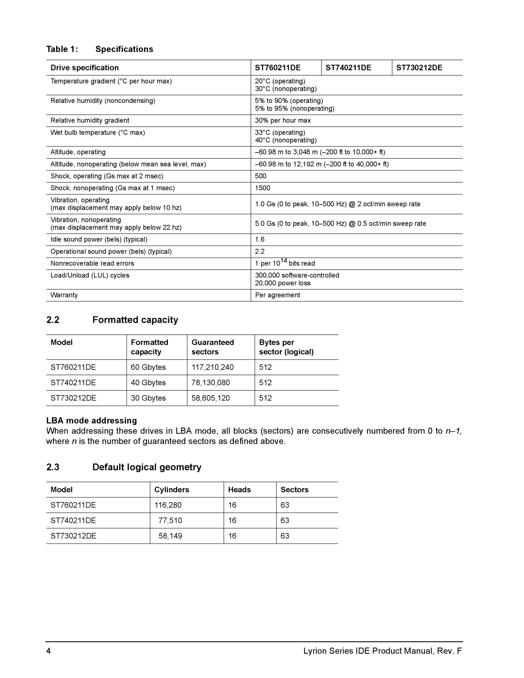 Seagate ST760211DE-60GB Formatted capacity, Default logical geometry, LBA mode addressing, Model Cylinders Heads Sectors 