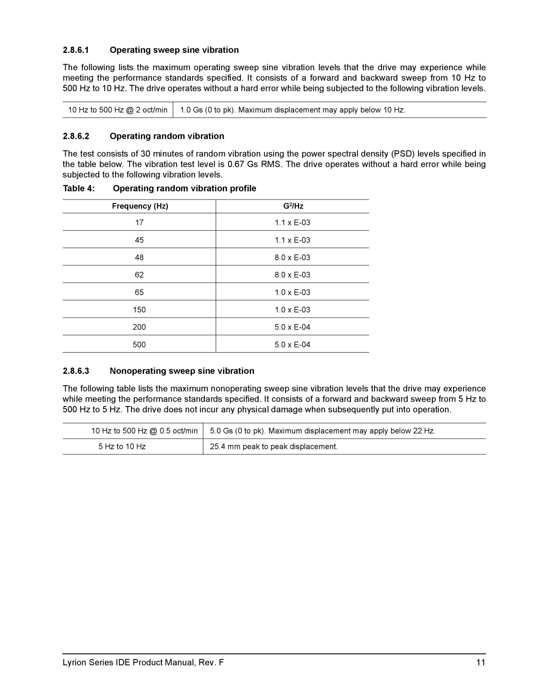 Seagate ST730212DE-30GB manual Operating sweep sine vibration, Operating random vibration profile, Frequency Hz G2/Hz 