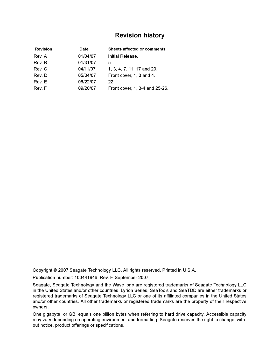 Seagate ST730212DE-30GB, ST740211DE-40GB, ST760211DE-60GB manual Revision history, Revision Date Sheets affected or comments 