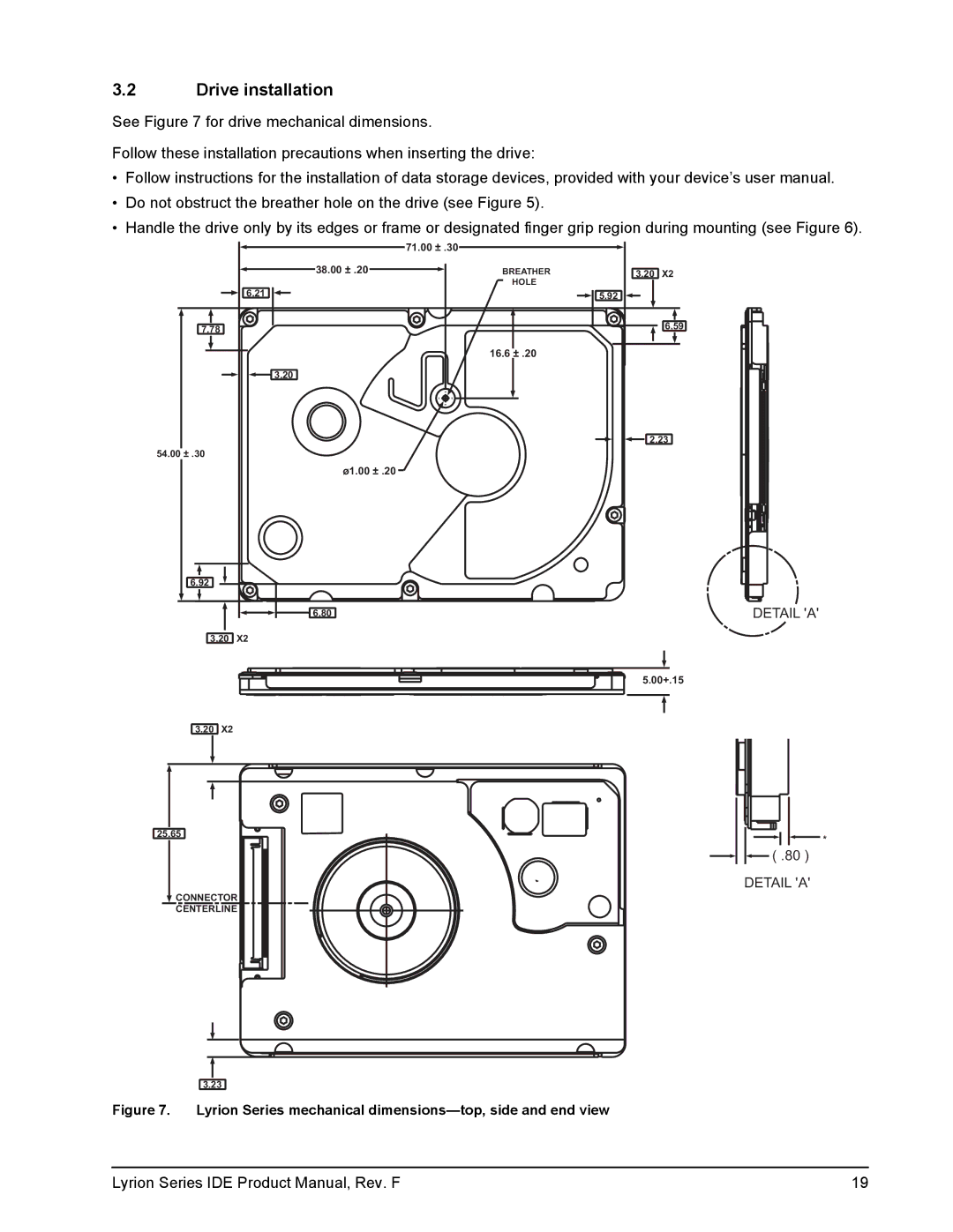 Seagate ST760211DE-60GB, ST740211DE-40GB Drive installation, Lyrion Series mechanical dimensions-top, side and end view 