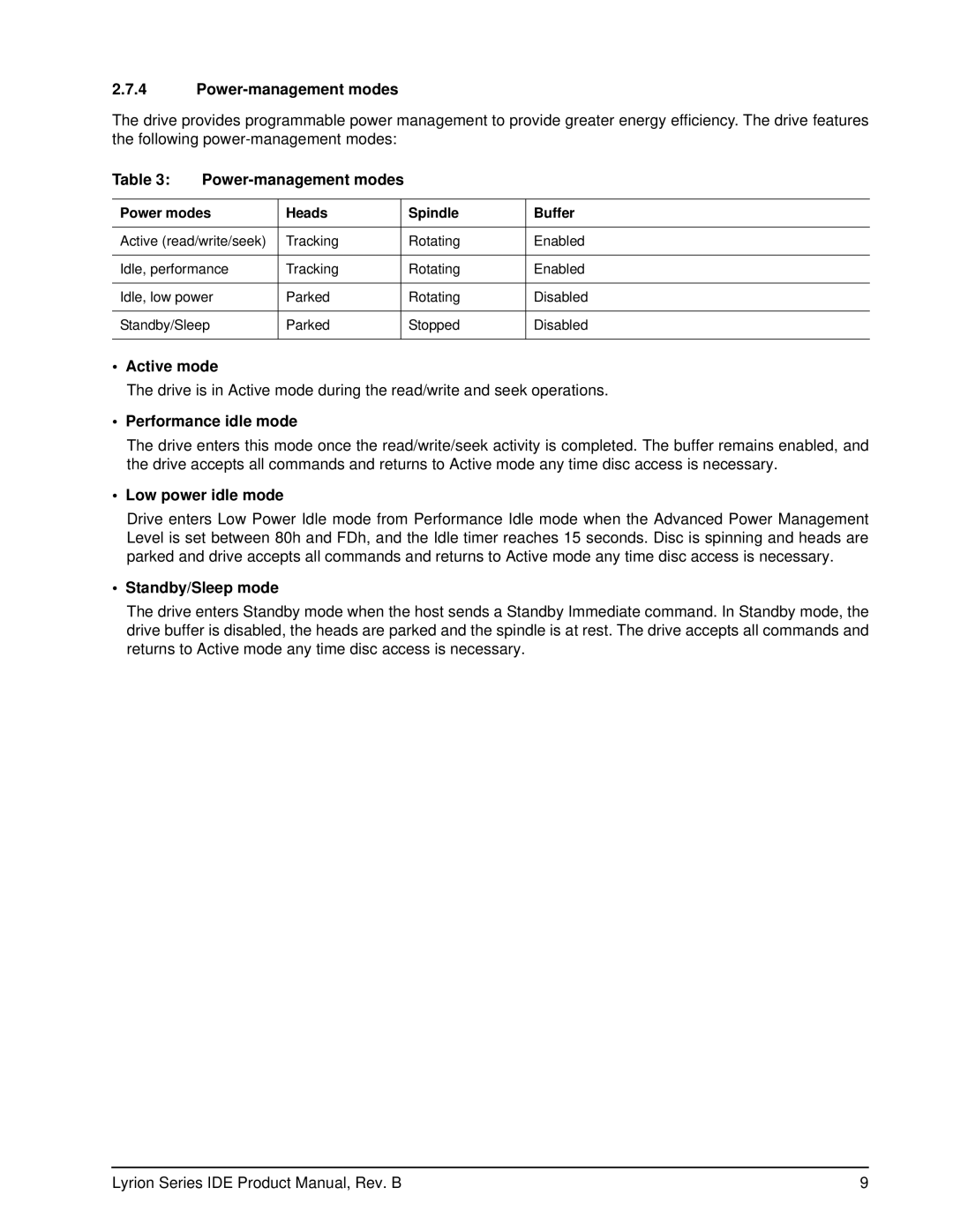 Seagate ST760211DE manual Power-management modes, Active mode, Standby/Sleep mode, Power modes Heads Spindle Buffer 