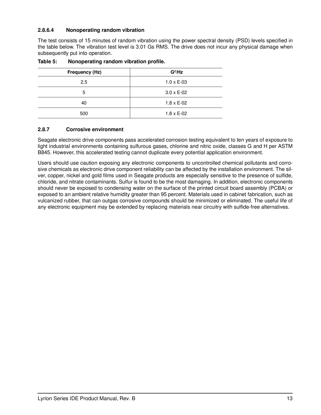 Seagate ST760211DE manual Nonoperating random vibration profile, Corrosive environment 