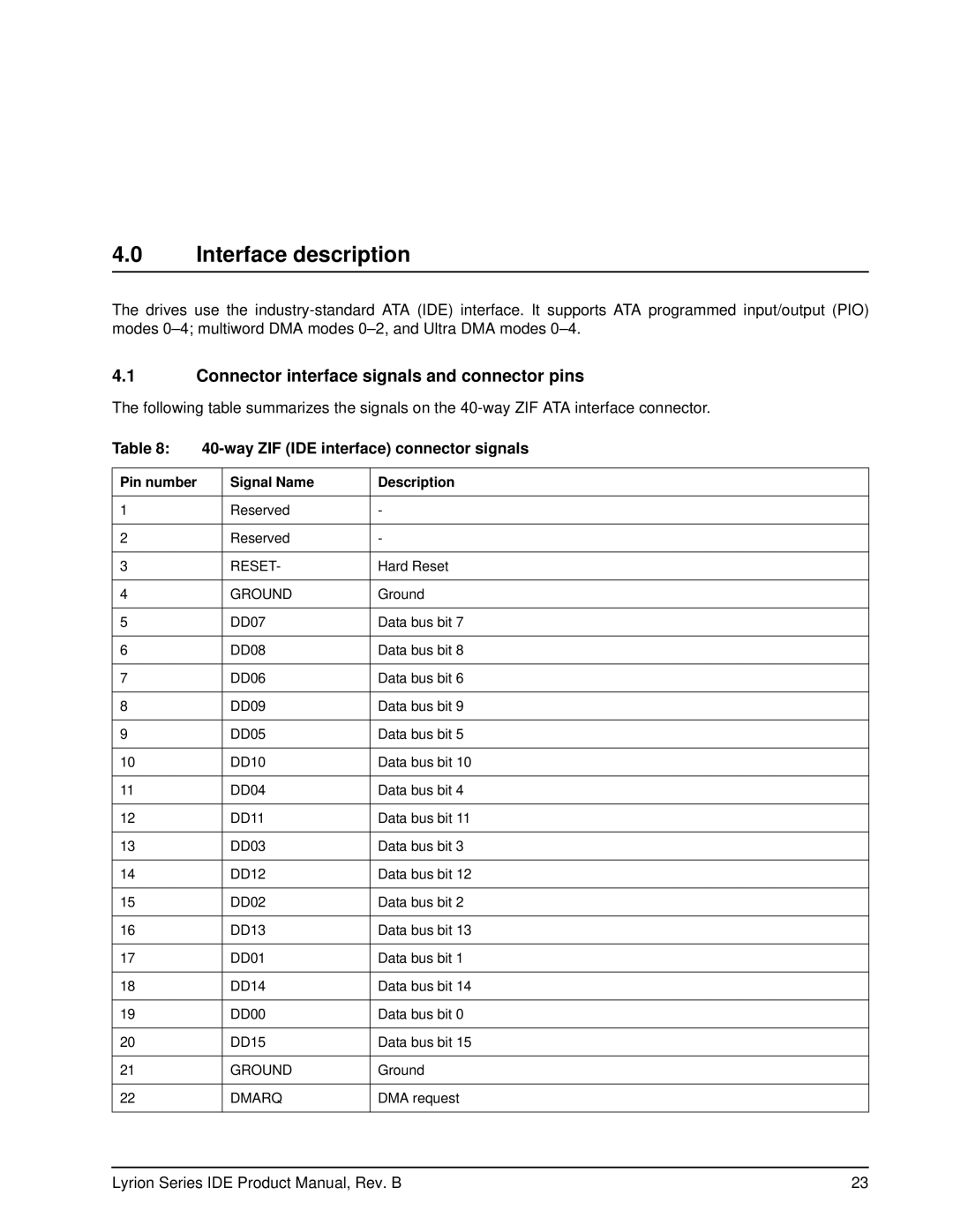 Seagate ST760211DE manual Interface description, Connector interface signals and connector pins 