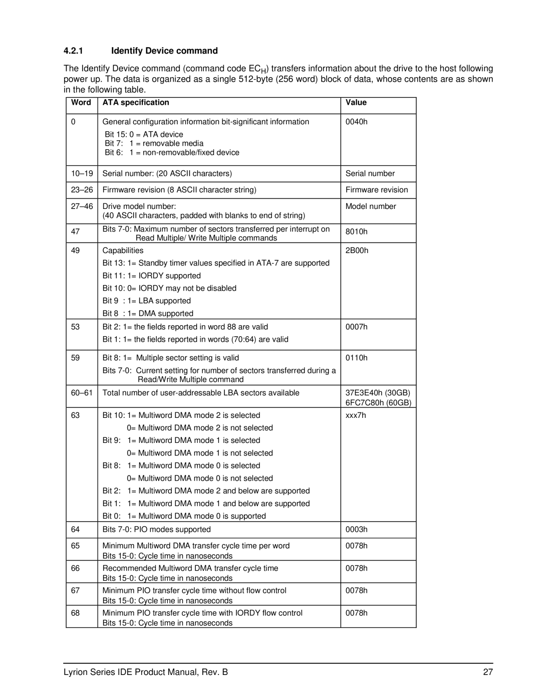 Seagate ST760211DE manual Identify Device command, Word ATA specification Value 