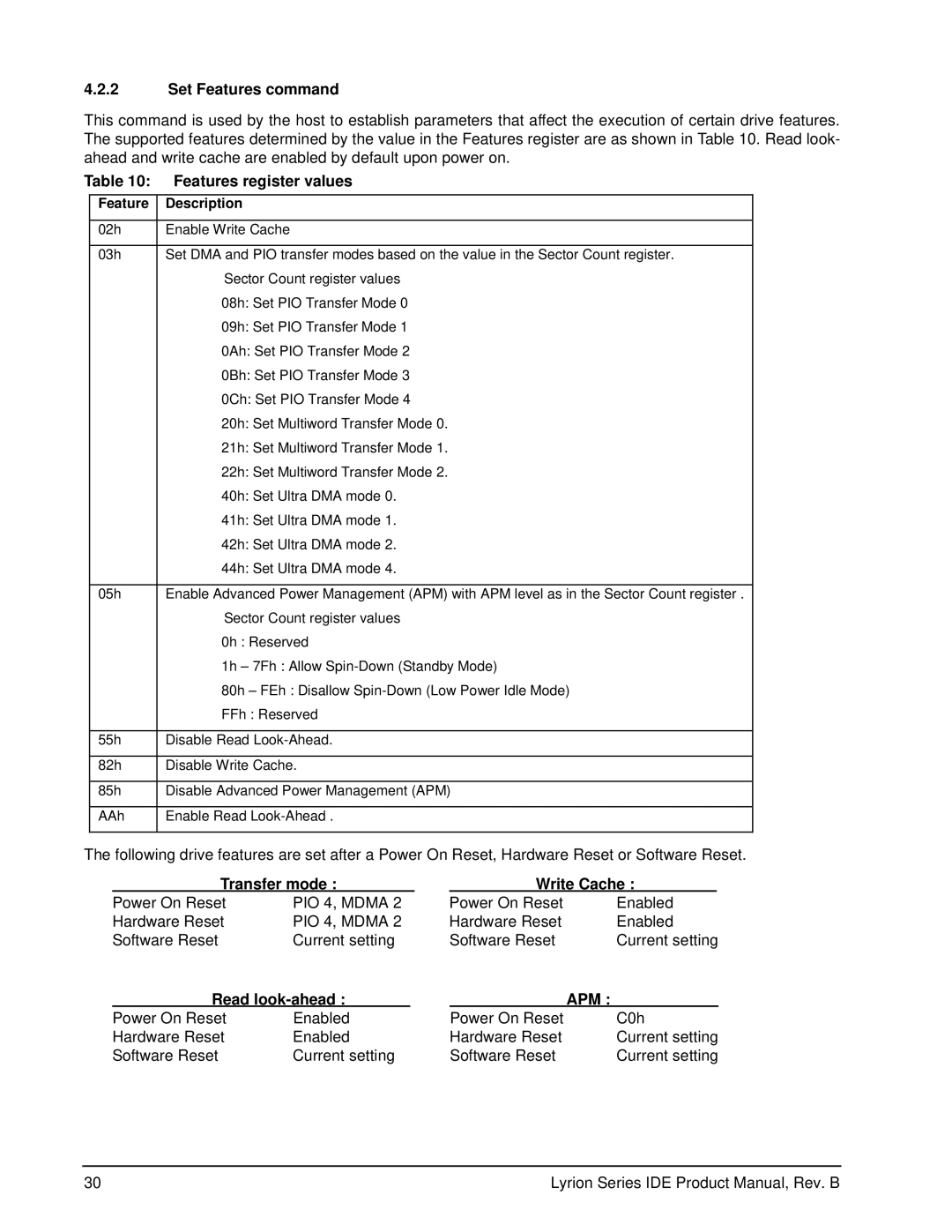 Seagate ST760211DE manual Set Features command, Features register values, Transfer mode, Read look-ahead, Write Cache 