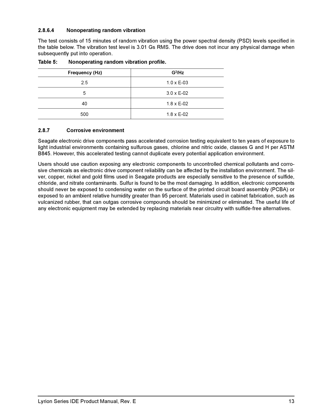 Seagate ST760211DE manual Nonoperating random vibration profile, Corrosive environment 