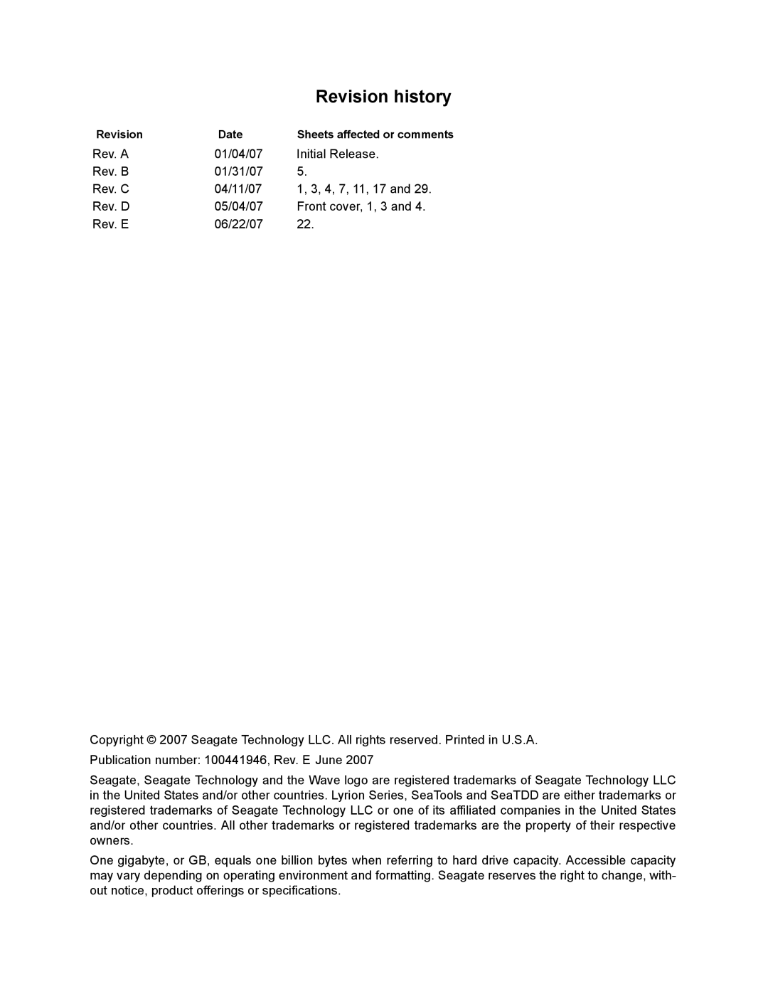 Seagate ST760211DE manual Revision history, Revision Date 