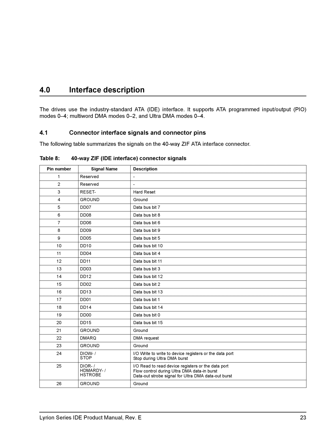 Seagate ST760211DE manual Interface description, Connector interface signals and connector pins 