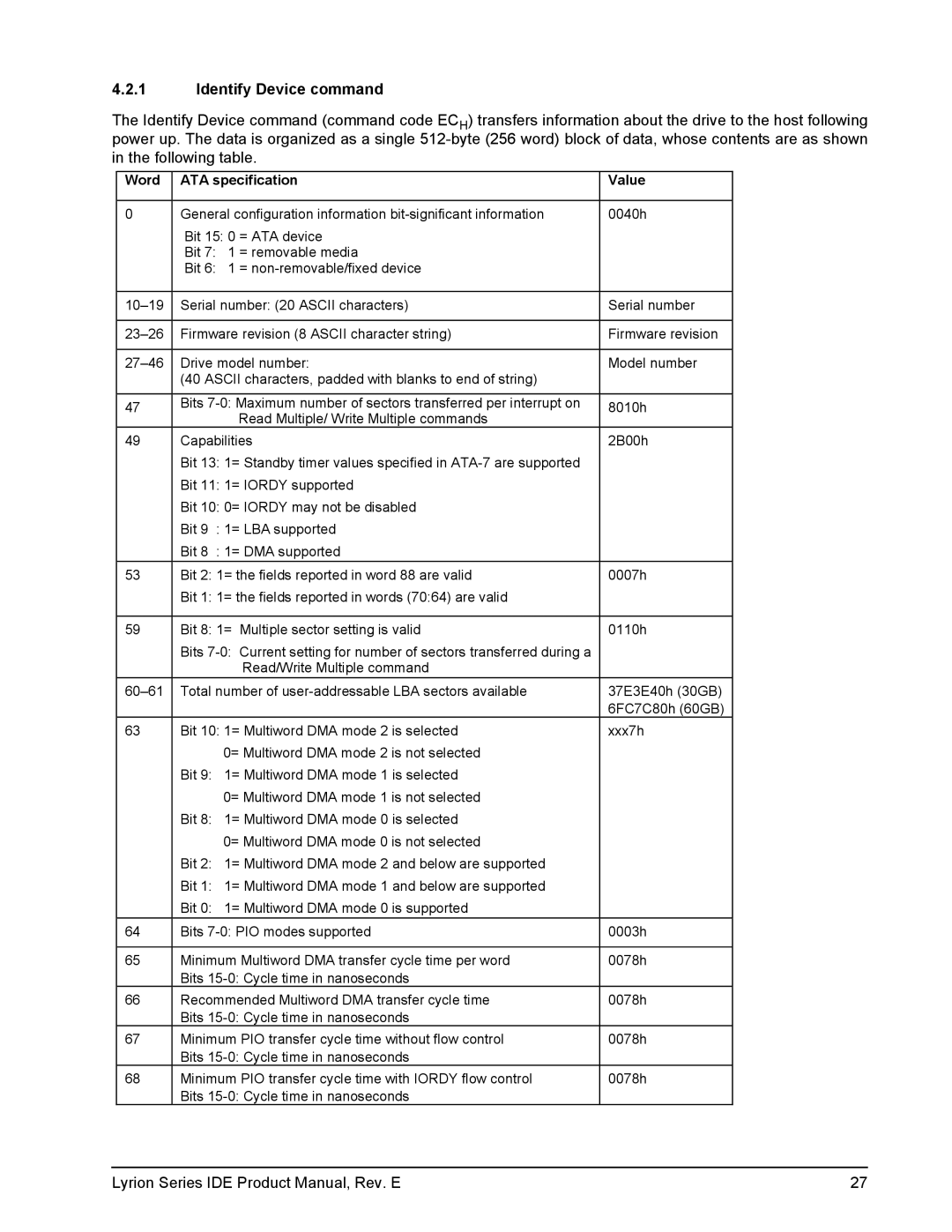 Seagate ST760211DE manual Identify Device command, Word ATA specification Value 