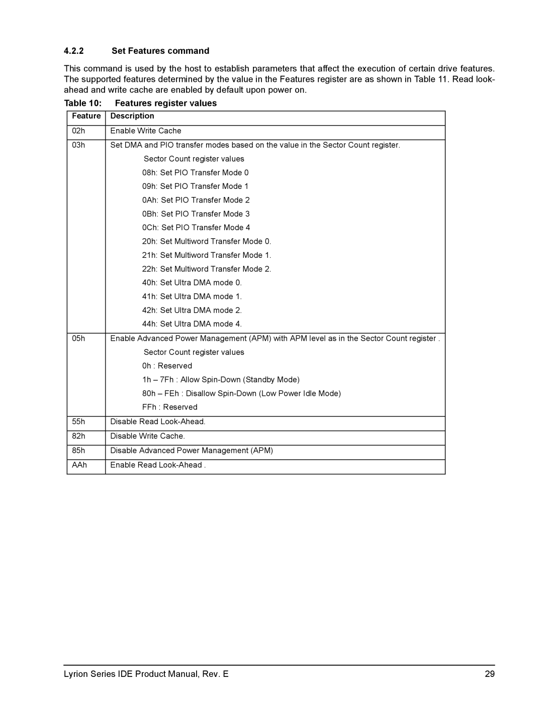 Seagate ST760211DE manual Set Features command, Features register values, Feature Description 