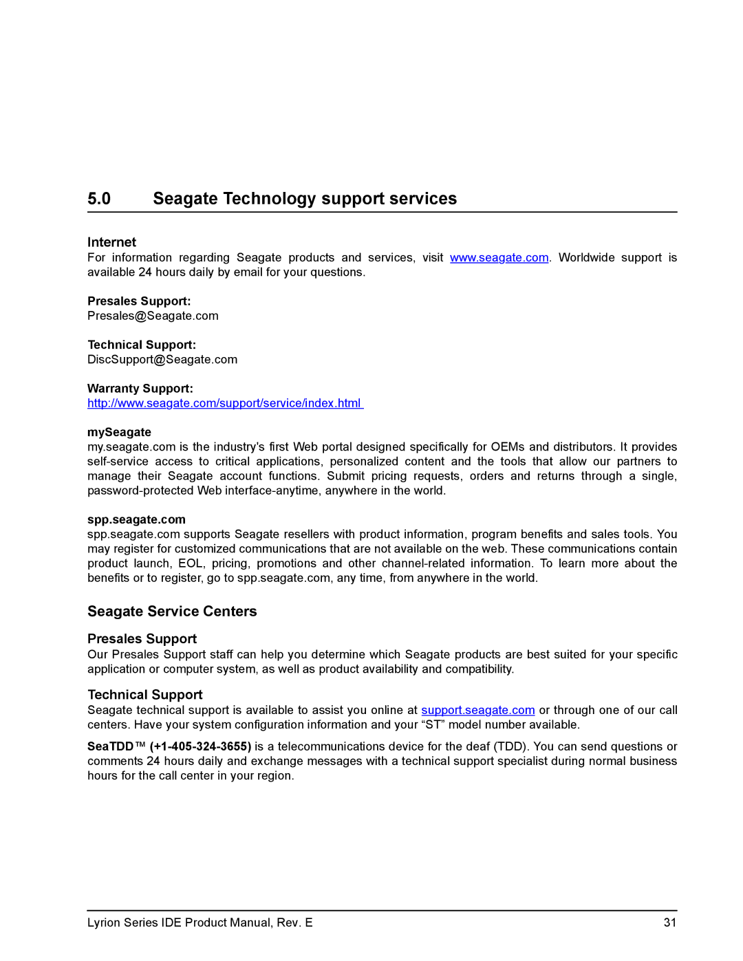 Seagate ST760211DE manual Seagate Technology support services, Internet, Presales Support, Technical Support 