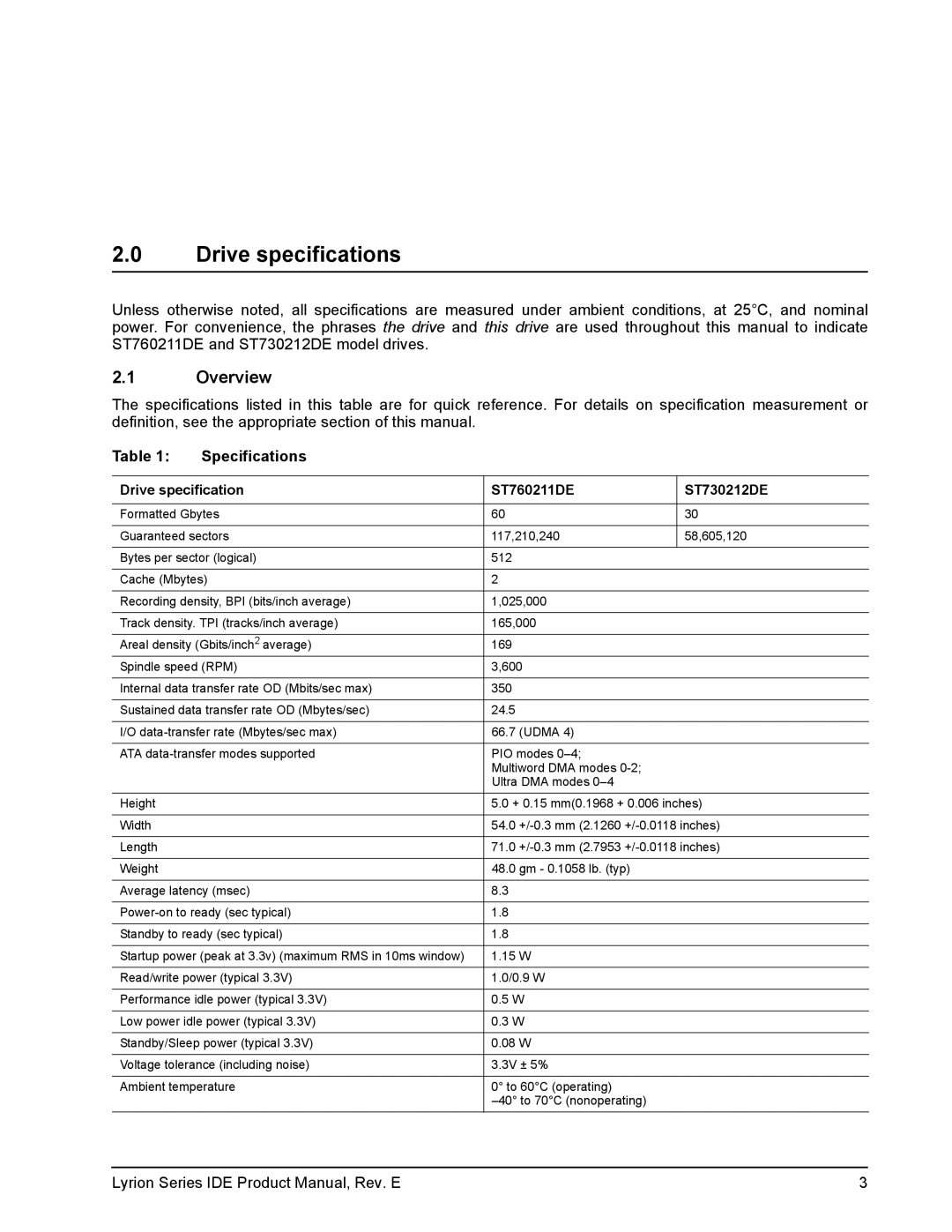 Seagate manual Drive specifications, Overview, Specifications, Drive specification ST760211DE ST730212DE 