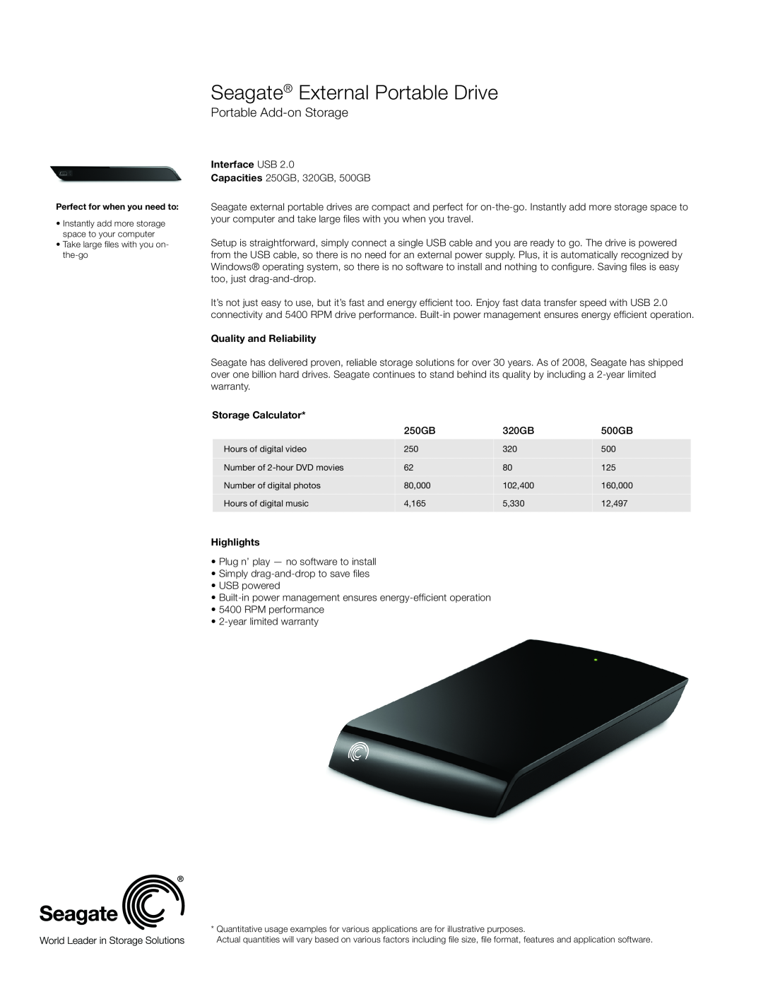 Seagate ST905004EXA101-RK warranty Seagate External Portable Drive, Portable Add-on Storage, Interface USB, Highlights 