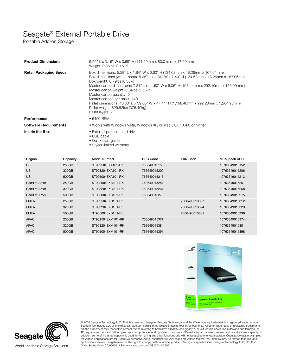 Seagate ST905004EXM101-RK Product Dimensions, Retail Packaging Specs, Performance, Software Requirements, Inside the Box 