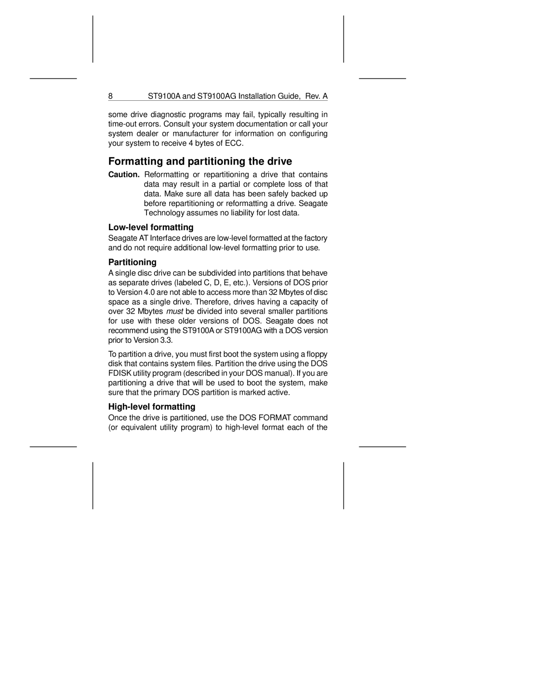 Seagate ST9100AG manual Formatting and partitioning the drive, Low-level formatting 