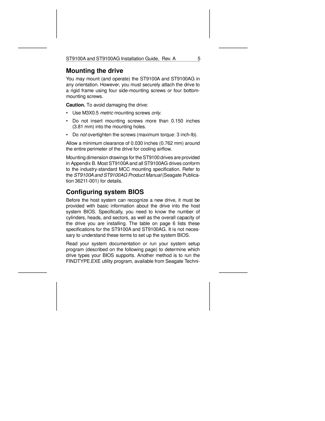 Seagate ST9100AG manual Mounting the drive, Configuring system Bios 