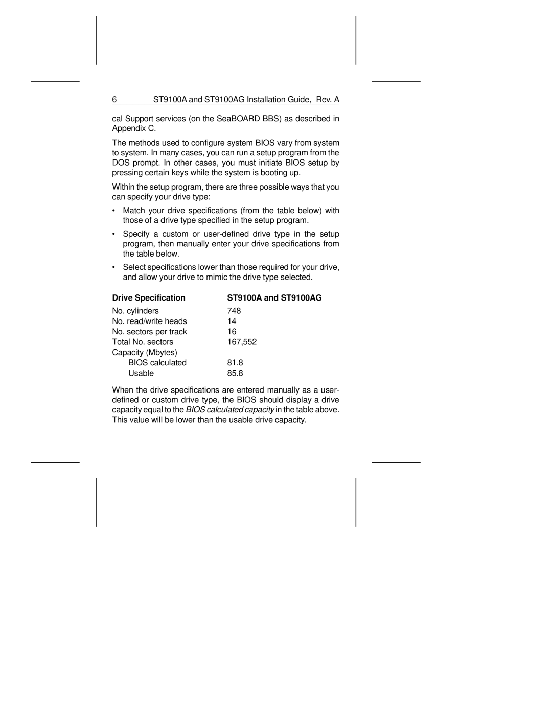 Seagate manual Drive Specification ST9100A and ST9100AG 