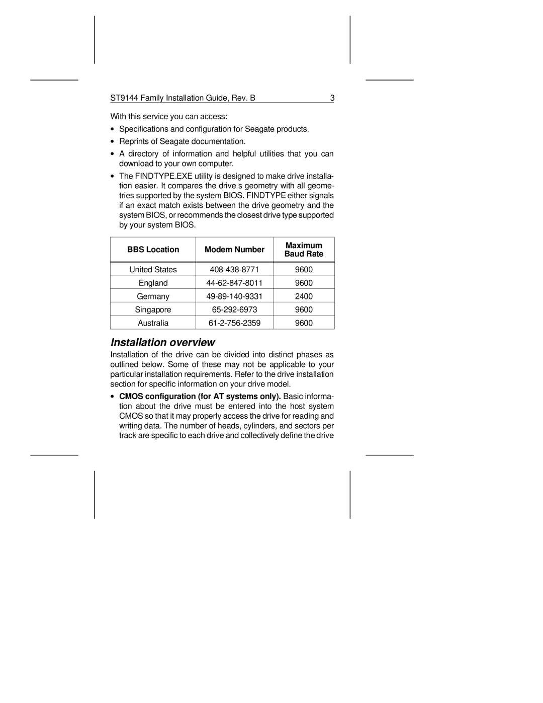 Seagate ST9144 manual Installation overview, BBS Location Modem Number Maximum Baud Rate 